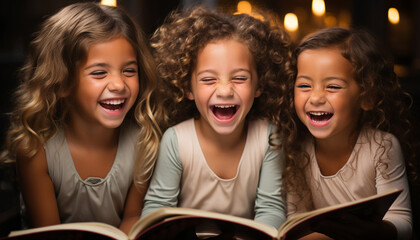 Poster - Smiling children reading, learning, bonding happiness in education generated by AI