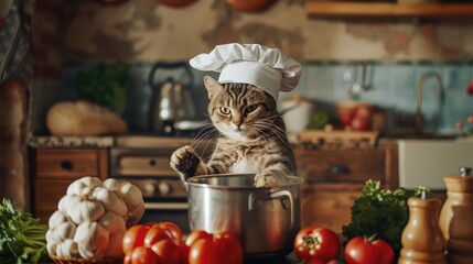 Wall Mural - Scottish fold cat wears a chef's hat and cooks delicious soup