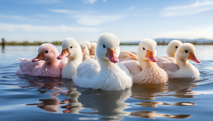 Wall Mural - Cute duckling quacking, surrounded by colorful animals in the wild generated by AI