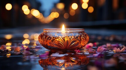 happy diwali background with burning candles, dark and blurred background