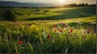 Lush green meadows with wildflowers landscape view for celebrations and greeting card from Generative AI