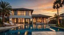 Luxury Home With Paver Block Driveway, Palm Trees, Greenery Landscaping And Swimming Pool At Sunset From Generative AI