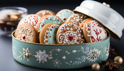 Wall Mural - Homemade gingerbread cake, decorated with icing and chocolate snowflakes generated by AI