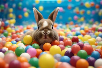 a adorable bunny swimming in a pool full of colorful eggs. Generative AI