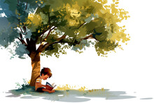 Cartoon Illustration Of Children Studying Under A Tree. Evidence Of Education, And The Importance Of Children Learning