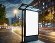 blank white vertical digital billboard poster adorning a bus stop sign. the backdrop of the bustling city streets at night, this mockup