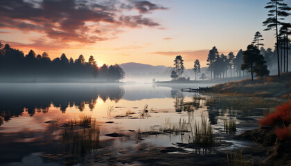 Poster - Tranquil scene  sunset reflects on water, forest, and mountains generated by AI