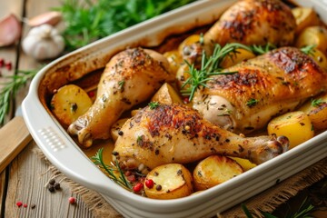 Wall Mural - Close up view of baked garlic and herb seasoned chicken leg quarters with potatoes on a wooden table in a baking dish