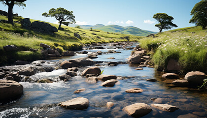 Poster - Idyllic mountain peak reflects in tranquil flowing water, nature beauty generated by AI