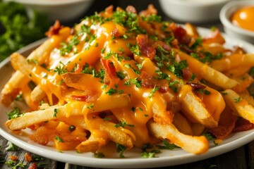 Poster - Closeup of a plate on a table with melted cheddar cheese bacon and parsley on French fries