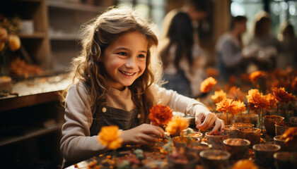 Wall Mural - Smiling child and girl, happiness in cute family portrait generated by AI