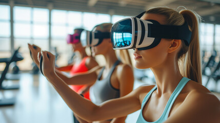 Wall Mural - Young woman doing exercises in a studio while wearing VR goggles. Virtual Reality powered fitness.