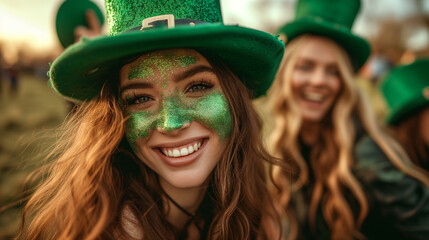 Wall Mural - Beautiful ladies with green hats and face paint celebrating the famous Irish holiday known as Saint Patricks Day.