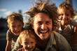 Father with playful children, open mouthed looking surprised looking at camera. excited father with their kids.Ai
