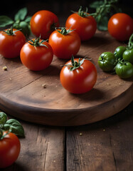 Fresh ripe red tomatoes on a rustic wooden table, healthy organic food photography.