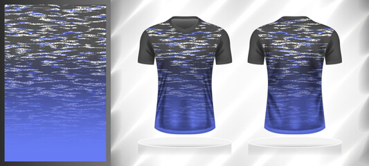 Vector sport pattern design template for V-neck T-shirt front and back with short sleeve view mockup. Shades of grey-blue-white color gradient abstract grunge texture background illustration.