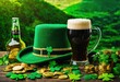  original traditional green leprechaun hat on and a tall glass of dark beer on the table against a background of green mountains, St. Patrick's Day