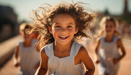 Poster - Smiling child, happiness, cheerful summer fun Girls running, carefree enjoyment generated by AI