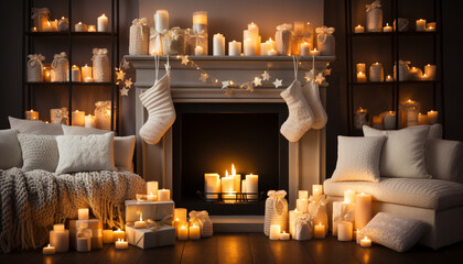 Wall Mural - Cozy winter night, candlelight glowing, illuminating comfortable home interior generated by AI