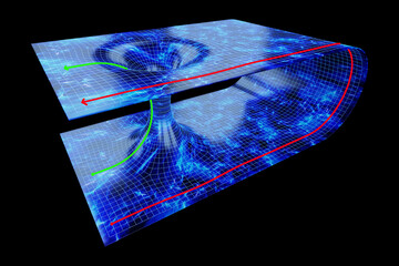 the coiled space of time is connected by a tunnel or wormhole, the einstein-rosen bridge. science fi