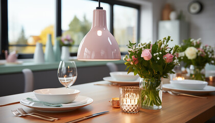 Canvas Print - Modern dining room with elegant decoration, wood chair, and flower vase generated by AI