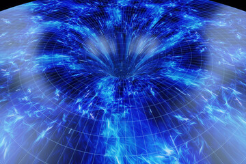 Wall Mural - A tunnel in space connecting two points in spacetime. Concept space travel, teleportation, black hole. 3D illustration, 3D render, copy space.