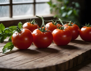 Red tomatoes on a kitchen table culinary photography