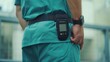 healthcare professional is captured mid-walk, adorned in teal scrubs and equipped with a pager attached to their waist, indicating readiness to respond