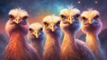 A Group Of Five Ostriches Looking Straight.	