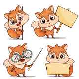 Fototapeta Pokój dzieciecy - A cartoon fox, in various poses holding a sign. Its orange fur and expressive gestures add charm to the artwork. Vector