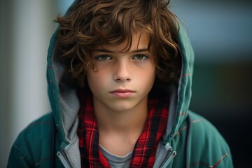 Portrait of a young boy in a hooded sweatshirt.