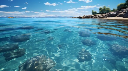 A serene cobalt blue ocean, with a gentle breeze creating ripples on the water's surface