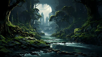 Wall Mural - A serene, misty forest with towering trees and a gentle stream flowing through the lush greenery against a soft, diffused light background