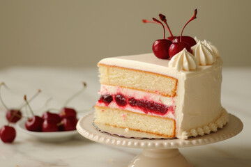 Wall Mural - cake with a cream color and a cherry and a professional overlay on the slice