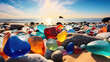 Colorful gemstones scatter on sandy beach amid rocks under clear sky. Ai Generated