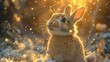 Funny little rabbit stands under snowfall illuminated by sunset lights. Bunny rejoices the first snow encounter. Close up beautiful portrait.