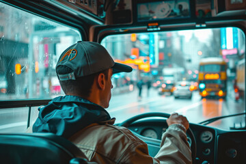 driver driving a bus in a city with a steering wheel and a attentive look on their face