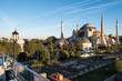 View of Hagia Sophia from a rooftop terrace restaurant in Istanbul, Turkey. Initially a 6th-century church, it transformed into a mosque, then a museum, and was officially reconverted in 2020.