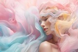 Fototapeta Mapy - Portrait of a beautiful blonde woman with curly hair in a colorful silk dress