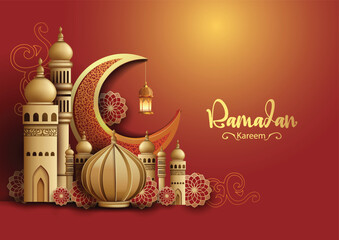 Ramadan Kareem art greetings with red mosque and black background. abstract vector illustration design.