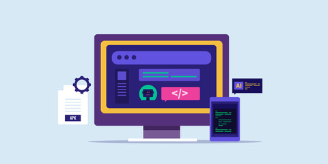 AI chatbot generating code for software application on screen, artificial intelligence technology vector illustration.