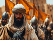 islamic knights emerge from the desert their leader. A muslim warrior. A Islamic warrior in the horse. Ai