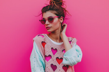 A stylish woman wearing a sweater vest adorned with hearts, posing in front of a vibrant pink background.