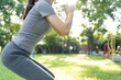 health care female exert on the park. Asian woman doing exercises in morning. balance, recreation, relaxation, calm, good health, happy, relax, healthy lifestyle, reduce stress, peaceful, Attitude..