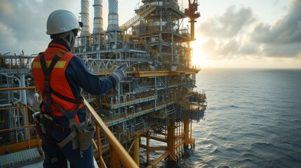 Wall Mural - Oil Engineer on Oil Platform at Sea or Ocean