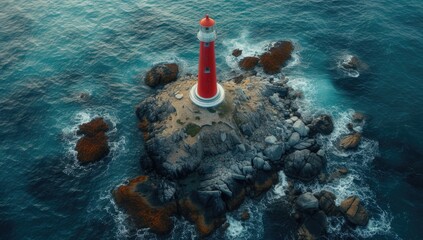 Sticker - In the heart of the ocean, a small island hosts a lighthouse guiding ships through the waters.