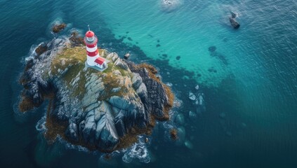 Sticker - In the heart of the ocean, a small island hosts a lighthouse guiding ships through the waters.