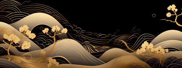 Poster - Horizontal Luxury Image of Elegant Gold Pattern on Black Background in Japanese Style