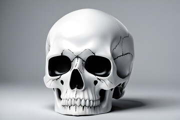 Wall Mural - Cracked Ceramic Skull. depicted in pristine white ceramic against a soft Neutral gray backdrop. generative ai