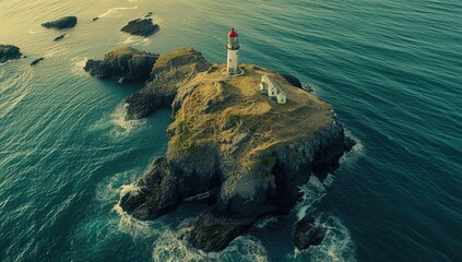 Sticker - A remote island is home to a solitary lighthouse surrounded by the endless ocean.